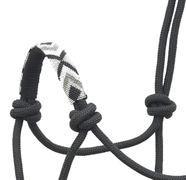 Sie Nylon Horse Braided Rope Halter Beaded Noseband Lead Rope (Black & Silver) - Image 2